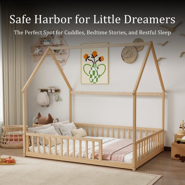 English Elm Full Size Pine Wood House Bed Frame with Roof Design and Safety Rails for Kids Natural W504P460862