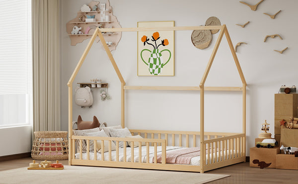 English Elm Full Size Pine Wood House Bed Frame with Roof Design and Safety Rails for Kids Natural W504P460862