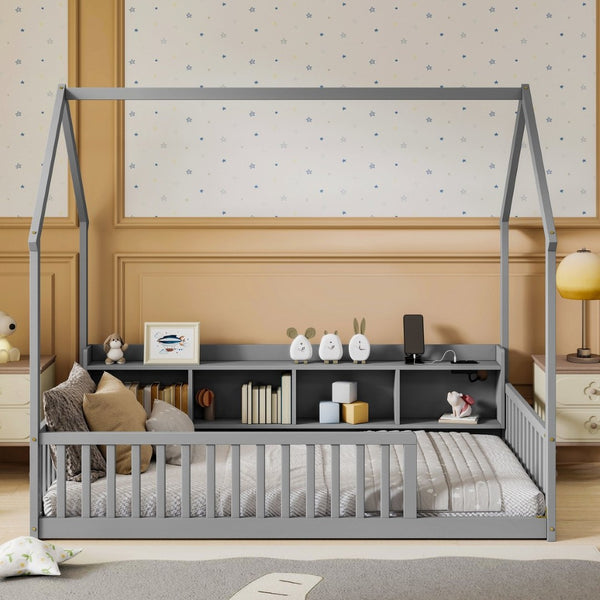 English Elm Twin House Bed Pine Wood Frame with Led Lighting Charging Station and Storage Shelves Grey W504P460864