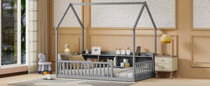 English Elm Twin House Bed Pine Wood Frame with Led Lighting Charging Station and Storage Shelves Grey W504P460864
