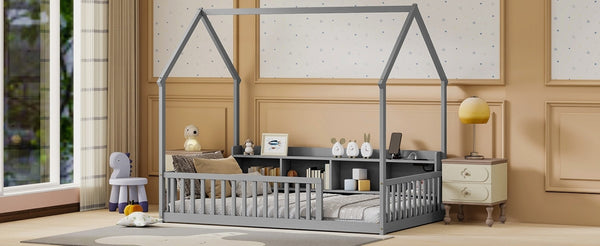English Elm Twin House Bed Pine Wood Frame with Led Lighting Charging Station and Storage Shelves Grey W504P460864