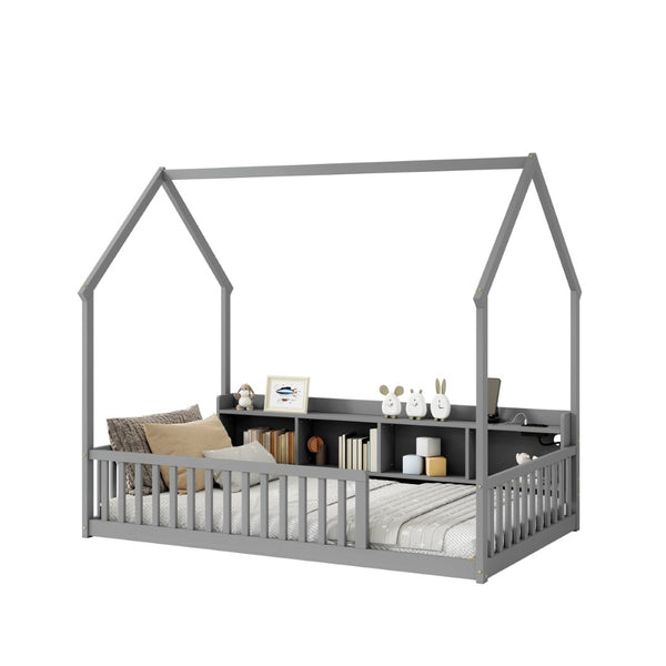 English Elm Twin House Bed Pine Wood Frame with Led Lighting Charging Station and Storage Shelves Grey W504P460864