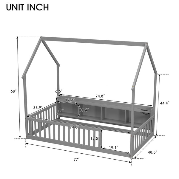 English Elm Twin House Bed Pine Wood Frame with Led Lighting Charging Station and Storage Shelves Grey W504P460864