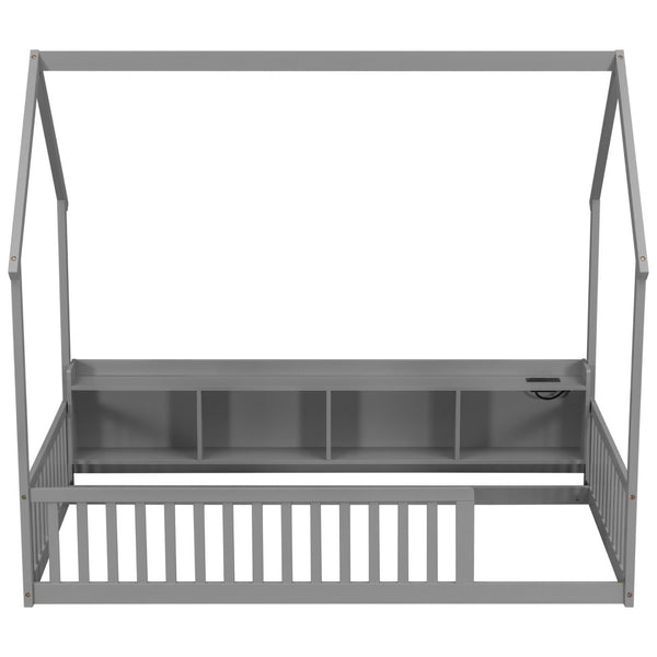 English Elm Twin House Bed Pine Wood Frame with Led Lighting Charging Station and Storage Shelves Grey W504P460864