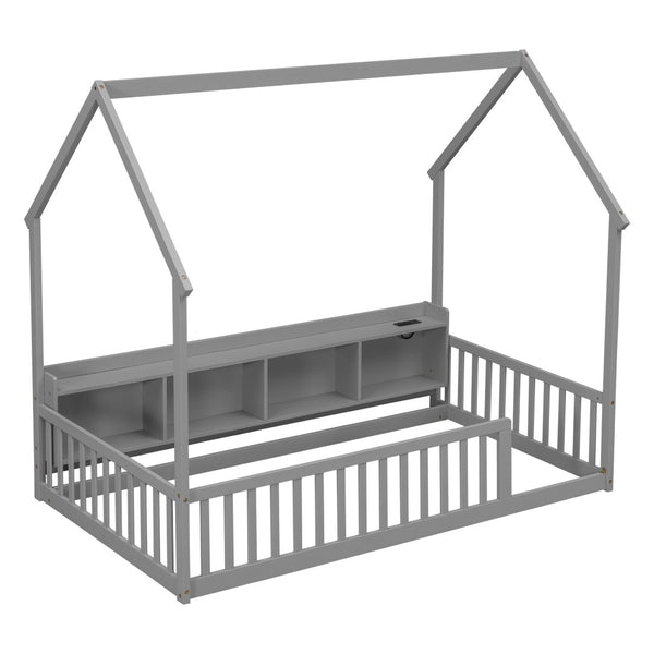 English Elm Twin House Bed Pine Wood Frame with Led Lighting Charging Station and Storage Shelves Grey W504P460864