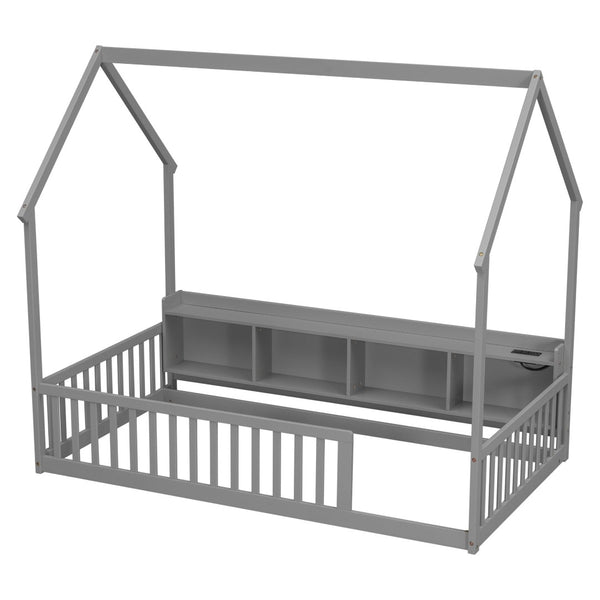 English Elm Twin House Bed Pine Wood Frame with Led Lighting Charging Station and Storage Shelves Grey W504P460864