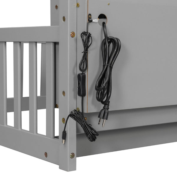 English Elm Twin House Bed Pine Wood Frame with Led Lighting Charging Station and Storage Shelves Grey W504P460864