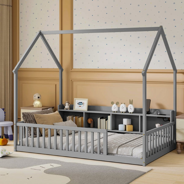 English Elm Twin House Bed Pine Wood Frame with Led Lighting Charging Station and Storage Shelves Grey W504P460864