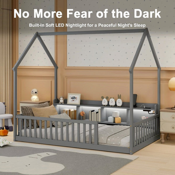 English Elm Twin House Bed Pine Wood Frame with Led Lighting Charging Station and Storage Shelves Grey W504P460864