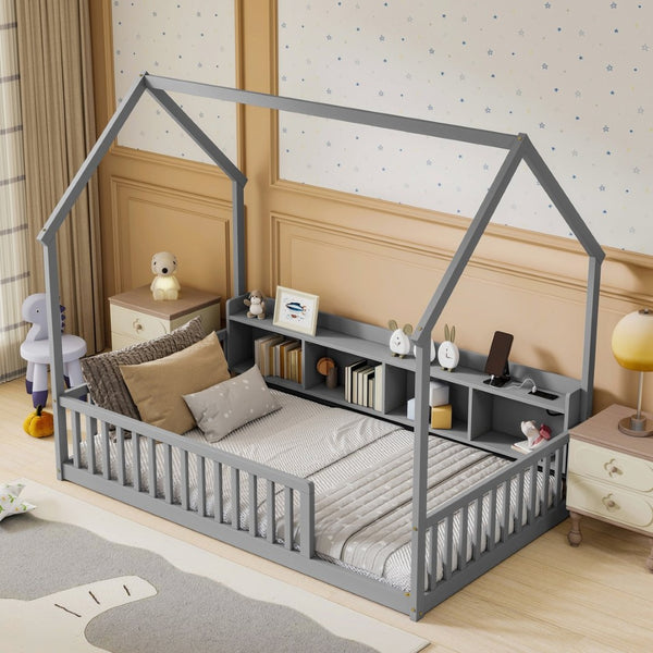 English Elm Twin House Bed Pine Wood Frame with Led Lighting Charging Station and Storage Shelves Grey W504P460864