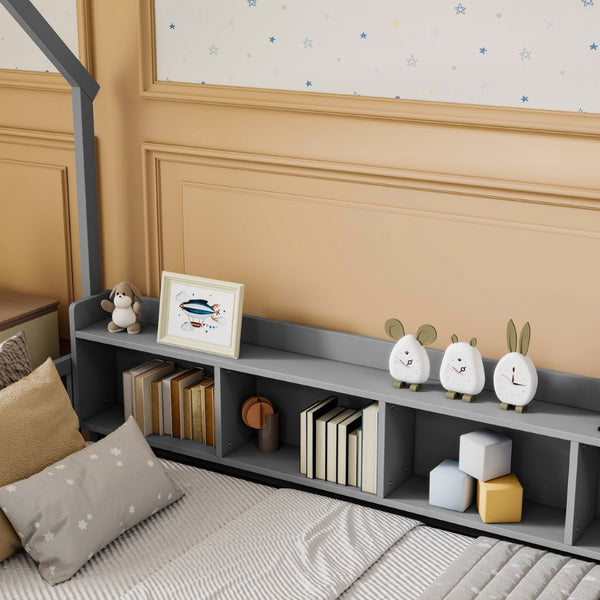 English Elm Twin House Bed Pine Wood Frame with Led Lighting Charging Station and Storage Shelves Grey W504P460864