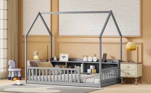 English Elm Twin House Bed Pine Wood Frame with Led Lighting Charging Station and Storage Shelves Grey W504P460864