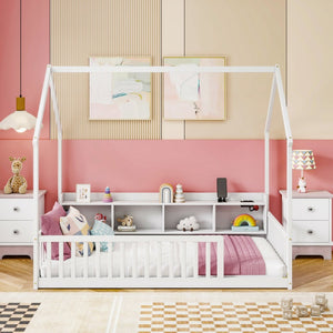 English Elm Twin House Bed Pine Wood Frame with Led Lighting Charging Station and Storage Shelves White W504P460865
