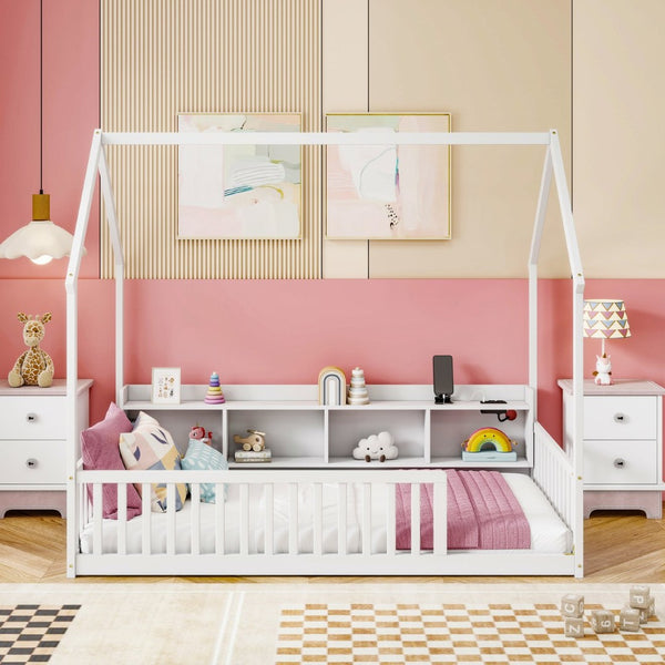 English Elm Twin House Bed Pine Wood Frame with Led Lighting Charging Station and Storage Shelves White W504P460865