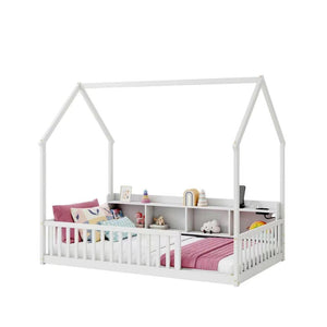 English Elm Twin House Bed Pine Wood Frame with Led Lighting Charging Station and Storage Shelves White W504P460865