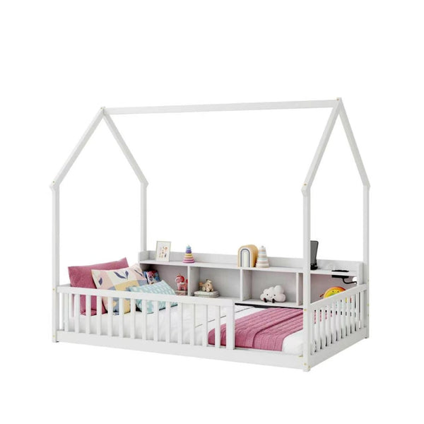 English Elm Twin House Bed Pine Wood Frame with Led Lighting Charging Station and Storage Shelves White W504P460865