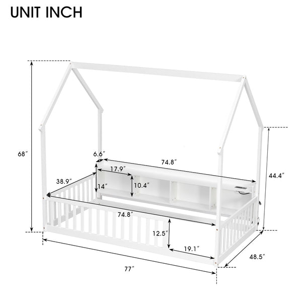 English Elm Twin House Bed Pine Wood Frame with Led Lighting Charging Station and Storage Shelves White W504P460865