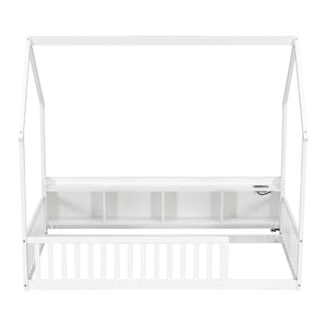 English Elm Twin House Bed Pine Wood Frame with Led Lighting Charging Station and Storage Shelves White W504P460865