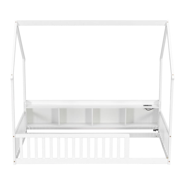 English Elm Twin House Bed Pine Wood Frame with Led Lighting Charging Station and Storage Shelves White W504P460865