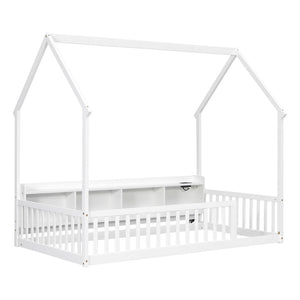 English Elm Twin House Bed Pine Wood Frame with Led Lighting Charging Station and Storage Shelves White W504P460865