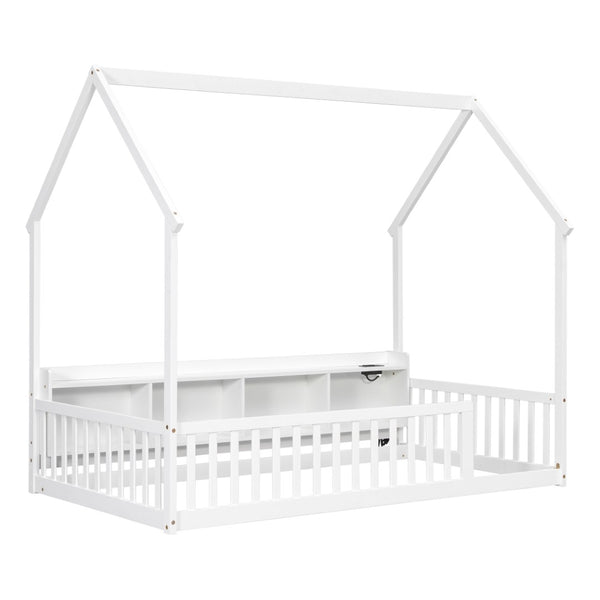 English Elm Twin House Bed Pine Wood Frame with Led Lighting Charging Station and Storage Shelves White W504P460865