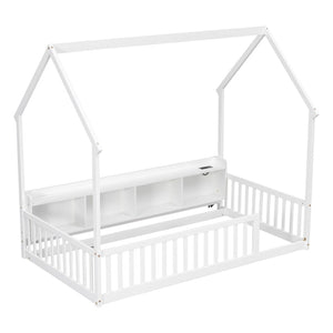 English Elm Twin House Bed Pine Wood Frame with Led Lighting Charging Station and Storage Shelves White W504P460865
