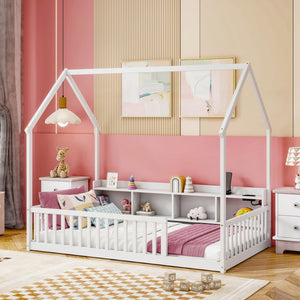 English Elm Twin House Bed Pine Wood Frame with Led Lighting Charging Station and Storage Shelves White W504P460865