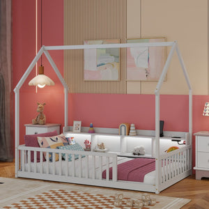 English Elm Twin House Bed Pine Wood Frame with Led Lighting Charging Station and Storage Shelves White W504P460865
