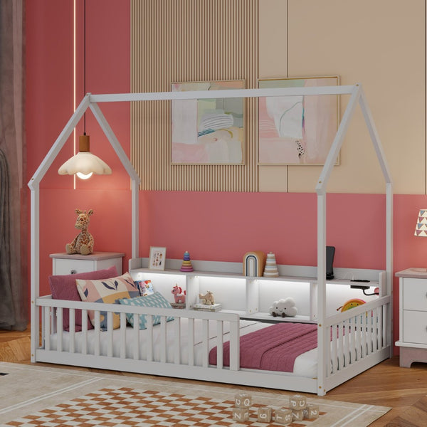 English Elm Twin House Bed Pine Wood Frame with Led Lighting Charging Station and Storage Shelves White W504P460865