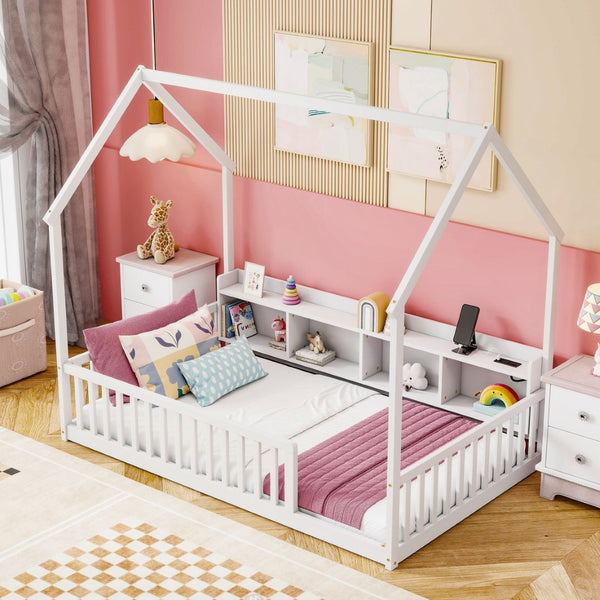 English Elm Twin House Bed Pine Wood Frame with Led Lighting Charging Station and Storage Shelves White W504P460865