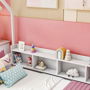 English Elm Twin House Bed Pine Wood Frame with Led Lighting Charging Station and Storage Shelves White W504P460865