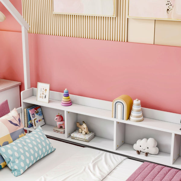 English Elm Twin House Bed Pine Wood Frame with Led Lighting Charging Station and Storage Shelves White W504P460865