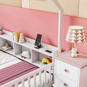 English Elm Twin House Bed Pine Wood Frame with Led Lighting Charging Station and Storage Shelves White W504P460865