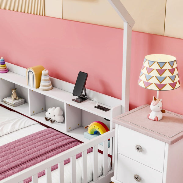 English Elm Twin House Bed Pine Wood Frame with Led Lighting Charging Station and Storage Shelves White W504P460865