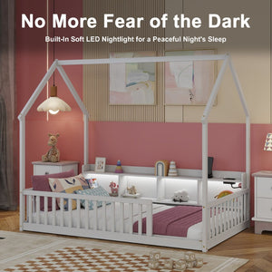 English Elm Twin House Bed Pine Wood Frame with Led Lighting Charging Station and Storage Shelves White W504P460865