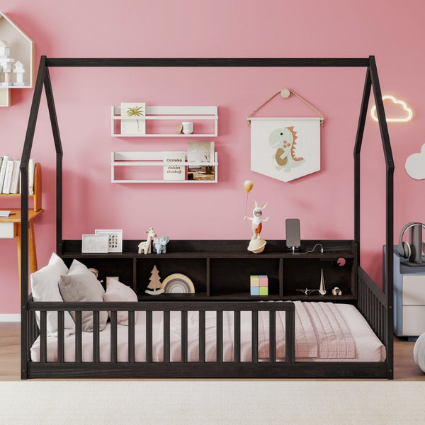 English Elm Twin House Bed Pine Wood Frame with Led Lighting Charging Station and Storage Shelves Espresso W504P460866