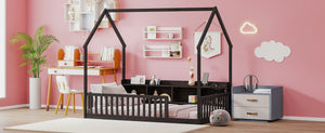 English Elm Twin House Bed Pine Wood Frame with Led Lighting Charging Station and Storage Shelves Espresso W504P460866