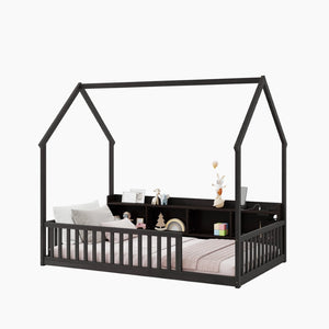 English Elm Twin House Bed Pine Wood Frame with Led Lighting Charging Station and Storage Shelves Espresso W504P460866