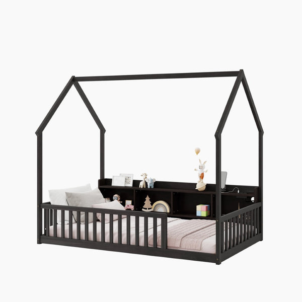 English Elm Twin House Bed Pine Wood Frame with Led Lighting Charging Station and Storage Shelves Espresso W504P460866