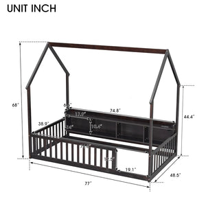 English Elm Twin House Bed Pine Wood Frame with Led Lighting Charging Station and Storage Shelves Espresso W504P460866
