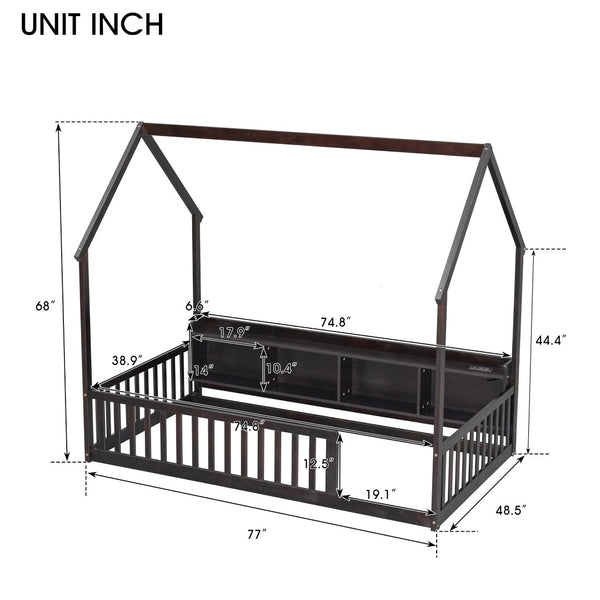 English Elm Twin House Bed Pine Wood Frame with Led Lighting Charging Station and Storage Shelves Espresso W504P460866