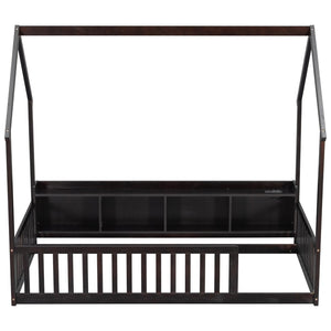English Elm Twin House Bed Pine Wood Frame with Led Lighting Charging Station and Storage Shelves Espresso W504P460866