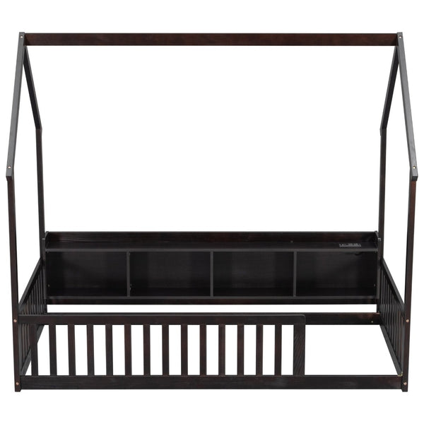 English Elm Twin House Bed Pine Wood Frame with Led Lighting Charging Station and Storage Shelves Espresso W504P460866