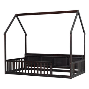 English Elm Twin House Bed Pine Wood Frame with Led Lighting Charging Station and Storage Shelves Espresso W504P460866