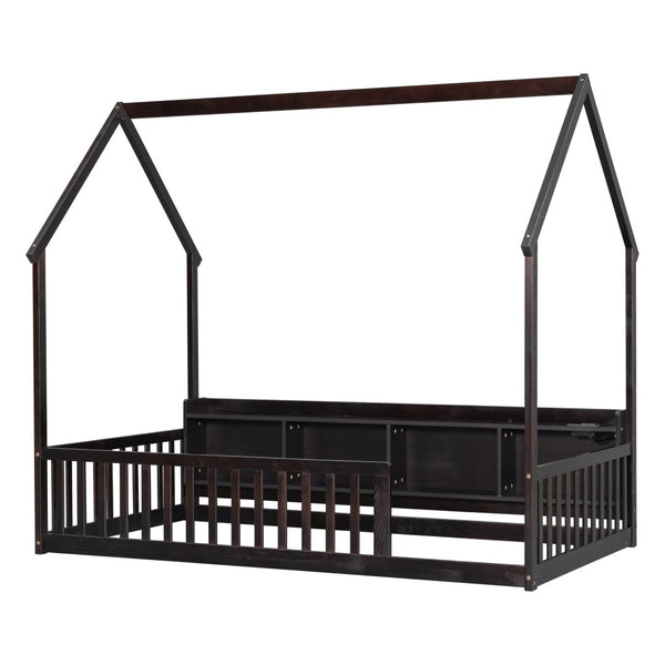 English Elm Twin House Bed Pine Wood Frame with Led Lighting Charging Station and Storage Shelves Espresso W504P460866