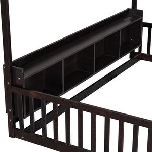 English Elm Twin House Bed Pine Wood Frame with Led Lighting Charging Station and Storage Shelves Espresso W504P460866