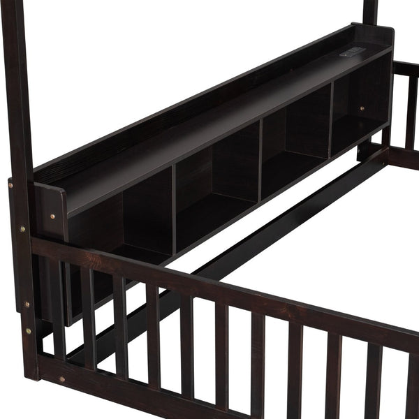 English Elm Twin House Bed Pine Wood Frame with Led Lighting Charging Station and Storage Shelves Espresso W504P460866