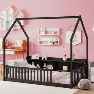 English Elm Twin House Bed Pine Wood Frame with Led Lighting Charging Station and Storage Shelves Espresso W504P460866