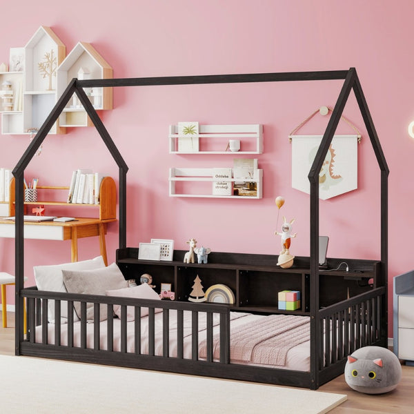 English Elm Twin House Bed Pine Wood Frame with Led Lighting Charging Station and Storage Shelves Espresso W504P460866