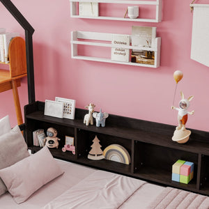 English Elm Twin House Bed Pine Wood Frame with Led Lighting Charging Station and Storage Shelves Espresso W504P460866